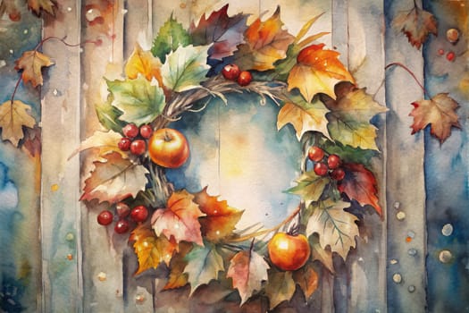 A watercolor painting of a wooden door framed by autumn leaves, grape vines, and berries. The leaves are a vibrant mix of reds, oranges, yellows, and greens, suggesting a time of change and beauty. The door itself is a soft, weathered blue, adding a touch of nostalgia. The painting evokes a sense of peace and tranquility, capturing the essence of autumn.