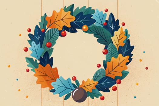 A hand-drawn illustration of a colorful autumn wreath adorned with vibrant leaves and bright red berries, resting on a warm beige background. The wreath is meticulously crafted, showcasing the beauty of fall foliage and creating a sense of warmth and festivity.