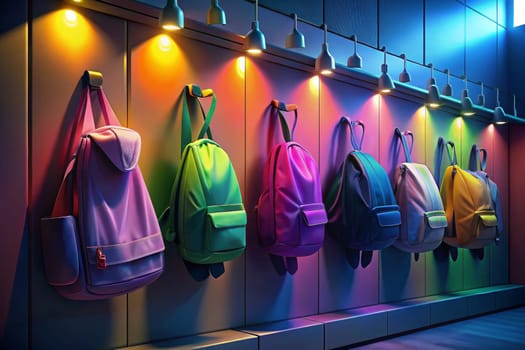 A row of brightly colored backpacks hang on hooks, illuminated by a series of warm, glowing lights in an otherwise empty school hallway. The vibrant colors of the bags stand out against the muted tones of the wall, creating a striking visual contrast.