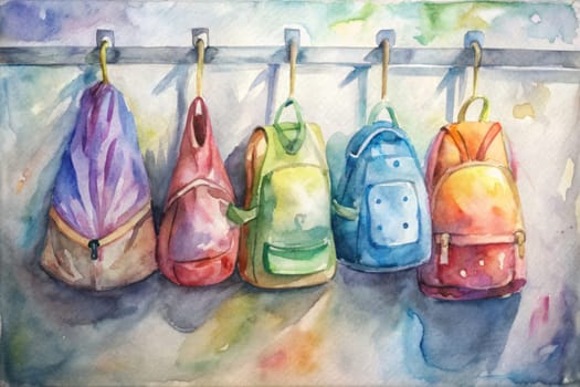 Five backpacks of various colors, each with unique designs, hang on a wall, ready to be filled with books and supplies for another school day. The image evokes a sense of anticipation and excitement for the start of learning.