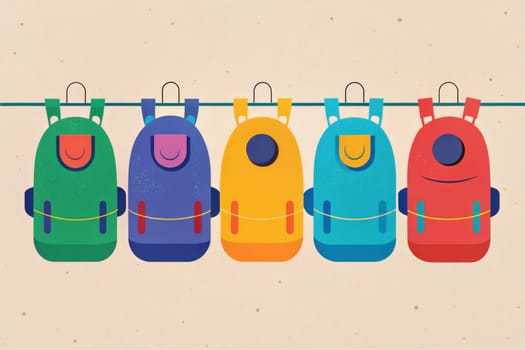 Five colorful backpacks hang on a wooden rack against a dark purple background with white stars. The backpacks are green, orange, blue, yellow, and pink, each with a unique design. The image evokes a sense of adventure and readiness for a new journey.