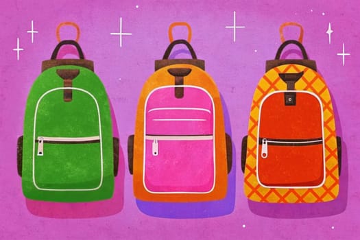 Three colorful backpacks, one green, one pink, and one orange with a yellow pattern, hang on a purple wall with white stars and plus signs. They each have a zippered pocket and a flap on the top.