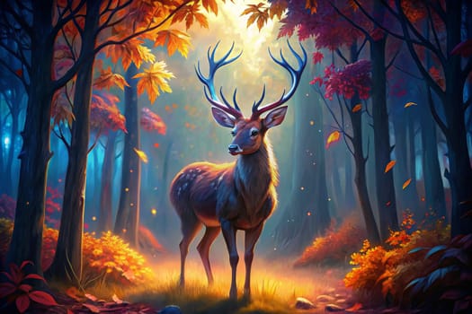 A white deer with large antlers stands in a clearing in a forest filled with vibrant autumn foliage. The sun shines through the trees, illuminating the deer and casting a warm glow on the forest floor. A small stream flows through the clearing, adding to the magical ambiance of the scene.