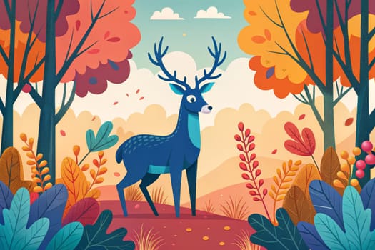 A blue deer stands in a lush forest, its antlers reaching towards the sky as the leaves change color around it. The deer is surrounded by trees in various shades of orange, yellow, and red, creating a stunning autumnal scene.