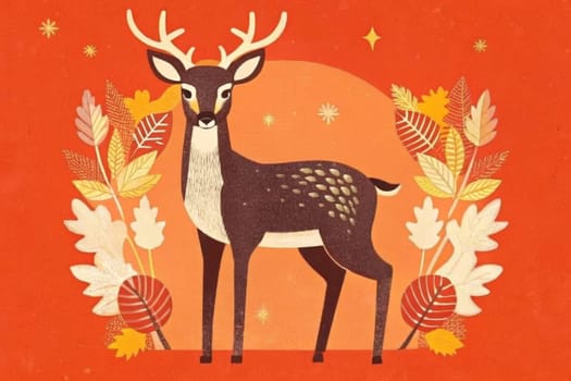 A stylized deer, with a soft, brown coat and white markings, stands amidst a vibrant orange backdrop. Golden leaves, like shimmering stars, dance around the deer, creating a sense of autumnal magic.