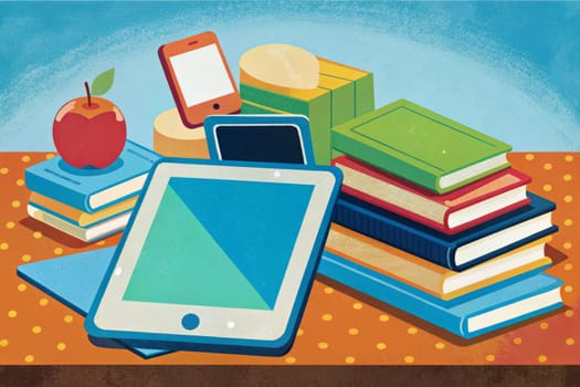 A red apple sits atop a stack of blue, yellow, and orange books. Beside the apple, a smartphone and a tablet rest on a table covered in orange and yellow polka dots. A stack of five more books is piled behind the tablet and smartphone.