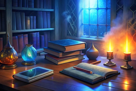 A wooden desk, bathed in the soft glow of two candles and an enchanting, glowing jar, is set beside a window overlooking a moonlit night. Books are stacked neatly on the desk, ready for study, with a journal and a pencil waiting to capture newfound knowledge. The room is filled with a bookshelf brimming with countless volumes, each one offering a unique perspective on the world.
