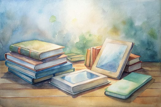 A watercolor painting of a tabletop scene with a collection of books, a framed picture, and a tablet. The books are stacked in a pile and the tablet rests on the tabletop beside them. The light in the scene is soft and warm, creating a sense of tranquility and peace.