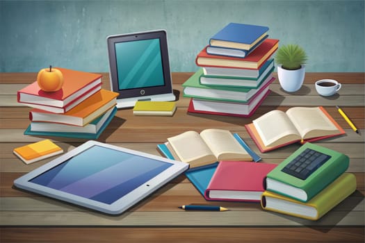 A tablet, several books, a pencil, and a cup of coffee are arranged on a wooden desk, creating a scene of focused learning or work. A potted plant adds a touch of life to the workspace.