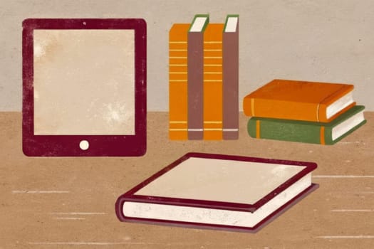 A colorful stack of books sits beside a sleek, black smartphone on a textured, pink surface. The books are arranged vertically and horizontally, creating a contrast between the classic and the contemporary.