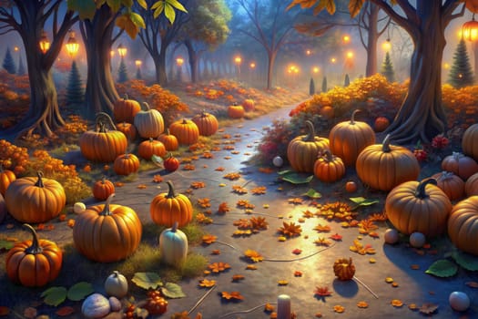 A magical forest path is illuminated by the soft light of dawn, lined with a multitude of pumpkins, their golden hues reflecting the warmth of the early morning sun. The air is filled with the scent of autumn, as fallen leaves blanket the ground and a light mist lingers in the air.