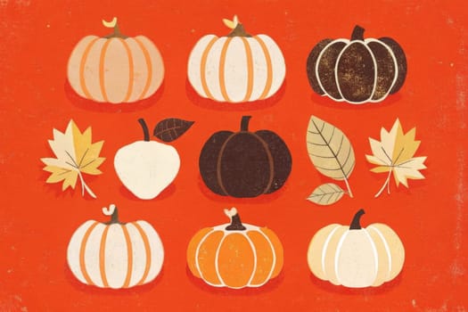 An illustration depicting a variety of pumpkins in different colors and patterns, along with fall leaves. The vibrant red background creates a warm and festive atmosphere.
