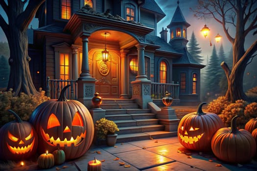 An old, stately mansion with a porch, glowing windows, and hanging lanterns stands in the twilight. Jack-o-lanterns, lit from within, are placed on the stone steps.