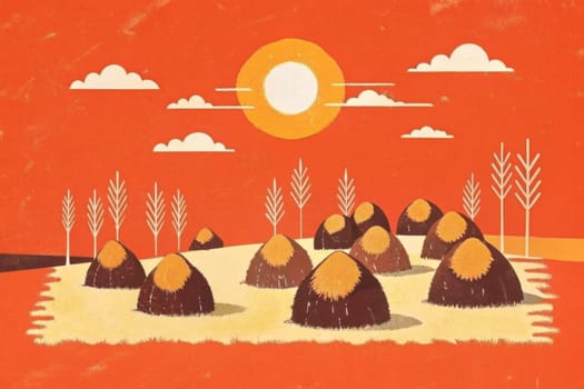 A stylized village nestled in a circular valley. The round homes are made of dark brown wood and topped with beige roofs, resembling sugarloaf mountains. One home has a single stalk of wheat growing from its roof. The surrounding ground is a vibrant orange with small grass tufts. The sky is painted in pale orange with fluffy white clouds, and a full white moon hangs high above.