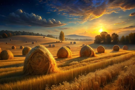 Hay bales sit scattered across a field of tall, golden wheat, bathed in the warm light of a setting sun. The sky is a dramatic canvas of vibrant blue and soft clouds, with a bright sun setting behind a line of trees.