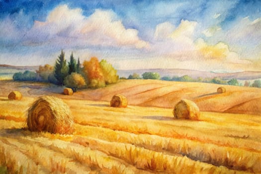 A watercolor painting depicting a rural landscape with hay bales scattered across a field of golden wheat. The sun shines brightly, casting long shadows across the scene. A group of trees stand in the distance, with blue skies and fluffy white clouds above.