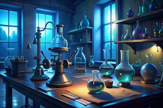 An alchemist's laboratory, illuminated by a single hanging lamp, is filled with an array of glass flasks and beakers, many filled with brightly colored liquids. A vintage microscope sits on a wooden table, with plumes of smoke emanating from its brass tubing.