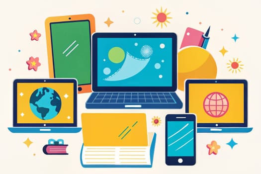 Various electronic devices including a laptop, tablet, smartphone, and a stack of books are displayed in a bright, vibrant, and whimsical illustration, surrounded by playful stars and other abstract shapes.