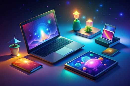 Two laptops rest on a glowing blue surface, one showcasing a vibrant fantasy landscape and the other displaying a calming green screen. A bonsai tree sits on a stack of books next to a glowing jar, adding a touch of nature and a sense of wonder to the scene.