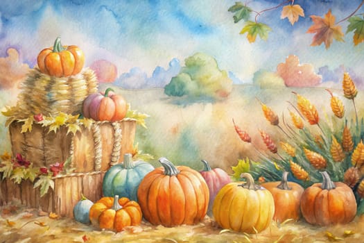 A watercolor painting depicting a harvest scene. Pumpkins of various shapes and colors rest on wooden crates, surrounded by straw and autumnal foliage. In the background, a field stretches out with hills and a blue sky. The image captures the warmth and vibrancy of the fall season.