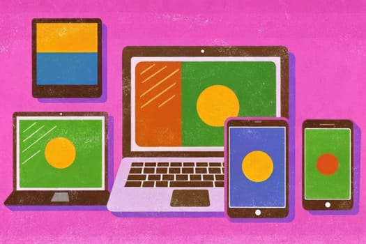 A pink laptop rests on a pink surface, open to a screen displaying a purple and orange night sky. Two tablets and two smartphones, all with glowing screens, are arranged around the laptop. Each screen shows a different, but similar, celestial scene, with a single star in the middle.