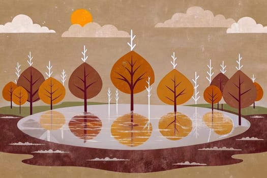 A stylized landscape with a tranquil pond surrounded by a ring of trees, their autumnal foliage reflecting on the still water. The sun shines brightly overhead, casting warm light on the scene.