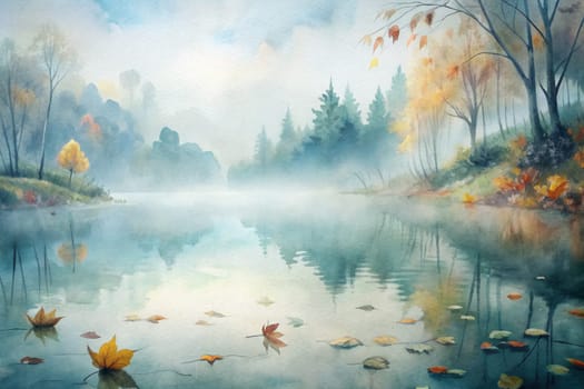 A watercolor painting depicting a peaceful autumn morning scene. The sun shines through the fog, casting a golden glow on the surface of the lake, while leaves drift gently along the water. Trees stand tall along the shoreline, their reflections shimmering in the water. The air is still and the scene is filled with tranquility.