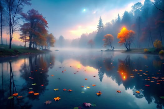 The sun rises over a still, misty river, casting golden light through the trees of a peaceful forest. Fallen leaves float on the surface of the water, creating a serene scene of nature's beauty.