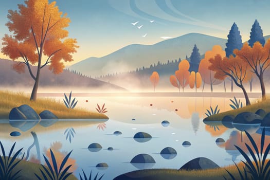 A serene autumnal scene unfolds on a misty morning. Sunlight casts a warm glow over the landscape as a gentle breeze sends ripples across the calm surface of the lake. The reflection of the vibrant fall foliage adds depth and tranquility to the idyllic scene.