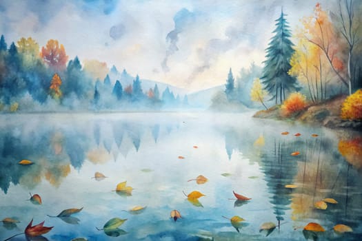 A watercolor painting depicts a tranquil forest lake shrouded in a light, ethereal mist. The water's surface is a canvas of soft blues and greens, reflecting the surrounding trees. The gentle autumn air carries fallen leaves across the water, creating a captivating display of color and movement. A tall evergreen tree stands prominently at the right edge of the painting, its dark needles providing a contrast to the surrounding foliage.