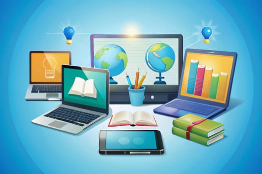 Multiple laptops, tablets, and smartphones are displayed on a blue surface, all connected to each other through a network represented by a large globe floating in the center. This illustration captures the interconnected nature of modern technology and the seamless flow of information across devices.