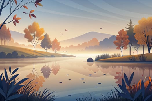 The image depicts a serene lake nestled within a picturesque landscape, where the golden hues of autumn paint the trees and reflect in the still waters. A delicate mist hangs low in the valley, enhancing the tranquil atmosphere of the early morning.