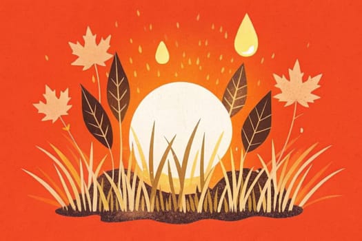 A stylized illustration of autumn leaves in various shades of red, orange, and brown, standing tall against a backdrop of a setting sun and a starry sky. The image evokes a sense of peace and tranquility, with the soft, muted tones creating a calming and atmospheric scene.