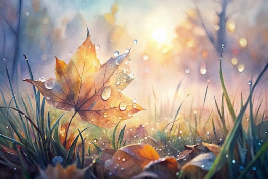 The image captures a solitary maple leaf, lying in a field of lush green grass. The leaf is adorned with delicate dew drops, catching the soft golden light of dawn. The background is a blur of soft pastels, creating a dreamy and ethereal atmosphere.
