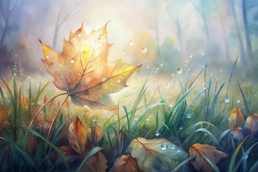 The image captures a solitary maple leaf, lying in a field of lush green grass. The leaf is adorned with delicate dew drops, catching the soft golden light of dawn. The background is a blur of soft pastels, creating a dreamy and ethereal atmosphere.