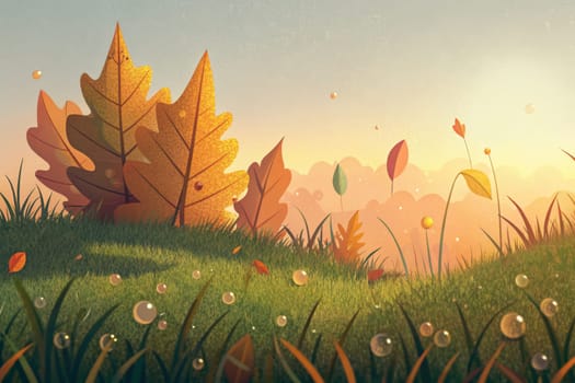 A single golden leaf, glistening with dew drops, stands tall against a backdrop of green grass and a rising sun. Its journey nearing its end, the leaf is bathed in the soft, warm light of a new day. It falls gracefully, bidding farewell to the vibrant summer and welcoming the quiet beauty of autumn.