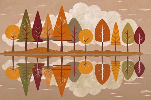 A stylized painting depicts a row of colorful trees reflected in a still purple lake. The trees are a mix of red, orange, yellow, pink, and green, suggesting a vibrant fall landscape. White clouds drift across a pale pink sky above the trees.