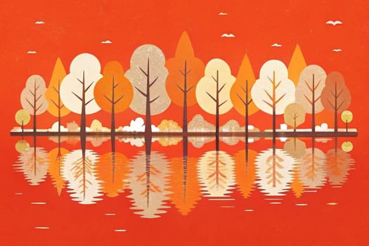 A stylized painting depicts a row of colorful trees reflected in a still purple lake. The trees are a mix of red, orange, yellow, pink, and green, suggesting a vibrant fall landscape. White clouds drift across a pale pink sky above the trees.