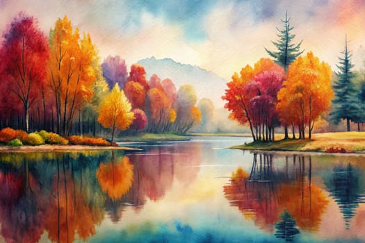A tranquil lake reflects the vibrant colors of an autumn forest. Golden leaves shimmer on trees lining the water's edge, while a misty haze adds an ethereal quality to the scene. The distant mountains are shrouded in soft, blue hues, creating a sense of serenity and peace.