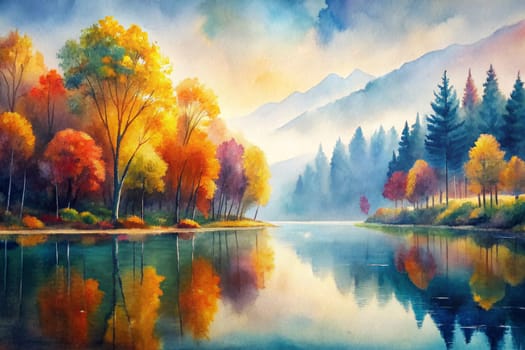 A tranquil lake reflects the vibrant colors of an autumn forest. Golden leaves shimmer on trees lining the water's edge, while a misty haze adds an ethereal quality to the scene. The distant mountains are shrouded in soft, blue hues, creating a sense of serenity and peace.