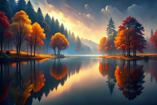 The sun rises over a tranquil forest lake, illuminating the vibrant foliage of the trees in hues of orange and yellow. The water reflects the colors of the surrounding trees, creating a breathtaking mirror image of the scene. A light mist hangs over the lake, adding an ethereal quality to the image.