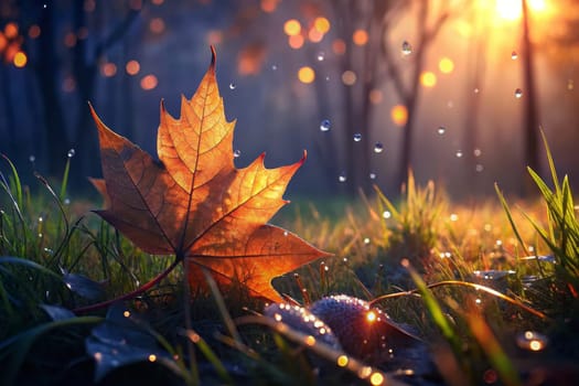 A single autumn leaf, glistening with dew, rests on a bed of green grass. The sun's rays break through the trees, creating a warm and inviting atmosphere. The soft, out-of-focus background suggests a tranquil forest setting.