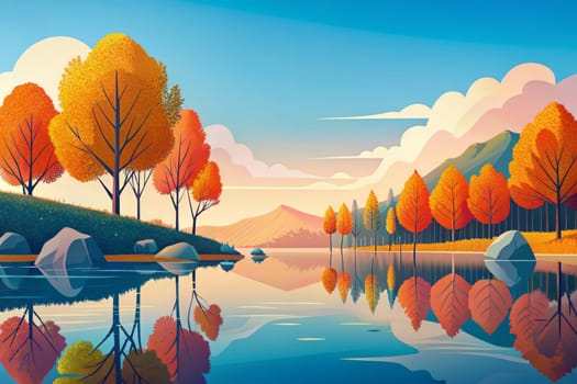 A picturesque scene of an autumnal landscape, with vibrant orange and red trees lining the shores of a tranquil lake. The mountains in the background are bathed in a soft, golden light, and the reflection of the trees on the surface of the water creates a captivating visual effect.