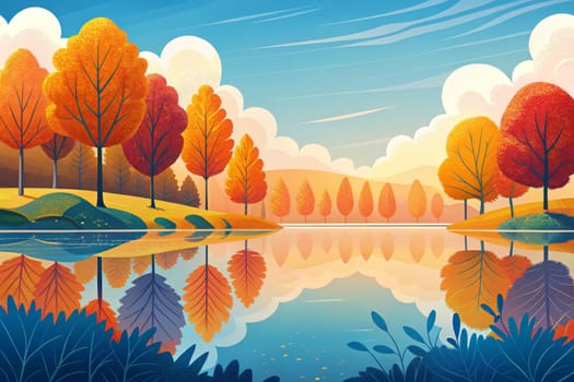 Golden and red-leaved trees stand along the banks of a tranquil lake, their reflections mirroring the vivid hues of autumn foliage. The sky above is a canvas of soft blues and whites, dotted with fluffy clouds and a gentle breeze. The scene is peaceful and serene, evoking a sense of calm and wonder.
