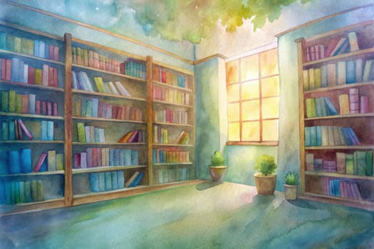 Sunlight streams through a large window, illuminating a cozy corner of a library. Wooden bookshelves line the walls, filled with colorful spines of countless books. A few potted plants add a touch of life to the serene space.