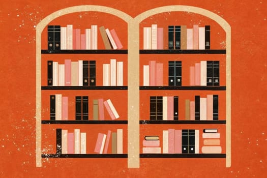 A close-up view of an arched wooden bookshelf, filled with colorful books, against a vibrant orange wall. The shelves are filled with a diverse array of books, some stacked vertically, others horizontally. The bookshelf's elegant design and the vibrant colors of the books create a sense of warmth and invitation, beckoning readers to explore the hidden knowledge within.