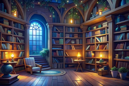 A reading nook within a grand library, with towering bookshelves filled with countless volumes. The room is bathed in soft, warm light from candles and lanterns, casting long shadows on the wooden floor. A large window overlooks a starry night, inviting the reader to lose themselves in the pages of a book.