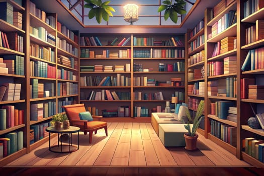 A wooden armchair with a throw pillow sits near a small side table in a library, inviting a reader to relax and enjoy the vast collection of books lining the surrounding walls. Sunlight streams through a skylight, casting a warm glow on the wooden floorboards.