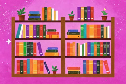A close-up view of an arched wooden bookshelf, filled with colorful books, against a vibrant orange wall. The shelves are filled with a diverse array of books, some stacked vertically, others horizontally. The bookshelf's elegant design and the vibrant colors of the books create a sense of warmth and invitation, beckoning readers to explore the hidden knowledge within.