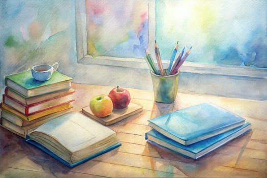 A stack of books rests on a wooden table, with a cup of tea perched on top. Two apples sit beside a small cutting board, and a glass of colored pencils stands by a window. Sunlight streams through the window, illuminating the scene.